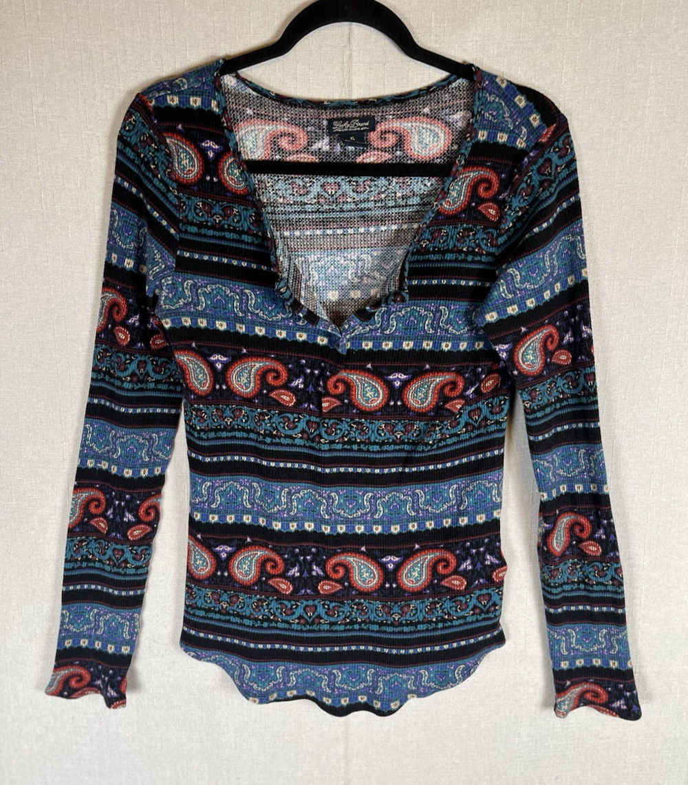 Lucky Brand Size XL Paisley Multi Color Thermal Waffle Knit Long Sleeve Shirt